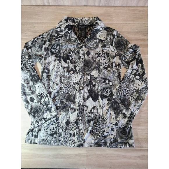 Signature Studio Rose Print Top Medium Black White Lace Long Sleeve Blouse - Picture 3 of 7